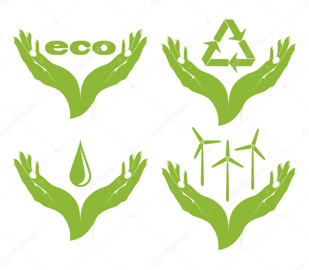 A set of eco symbols in female hands.