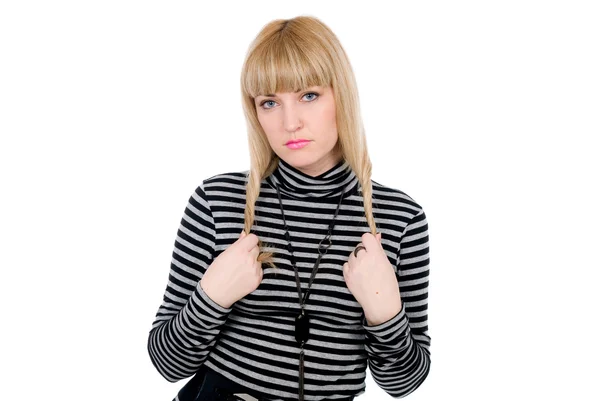 Thoughtful blonde with the hair twirled on fingers. — Stock Photo, Image