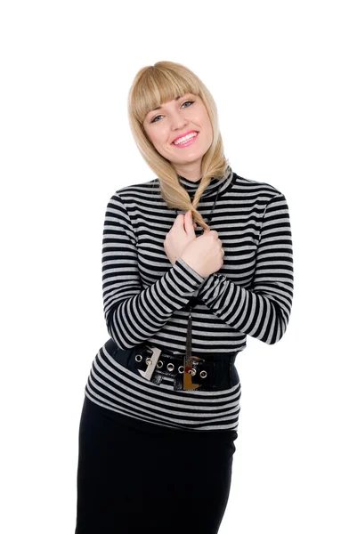 Mooie blonde glimlacht in een striped blouse — Stockfoto