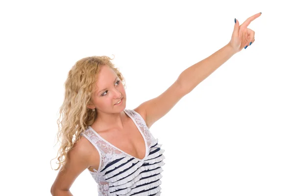 Atraktivní dospívající dívka ukázala prstem — Stock fotografie