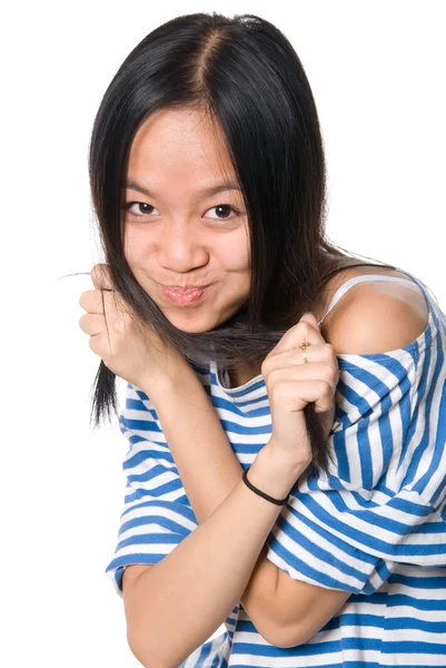 Glad tjej med komprimerade läppar — Stockfoto