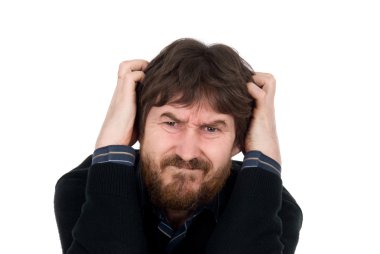 Portrait of upset man with hands on head clipart