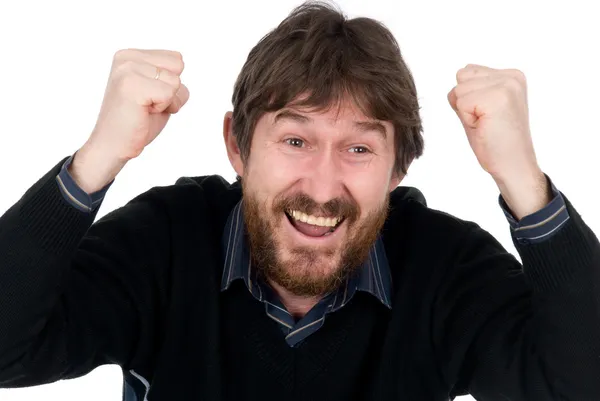 The joyful bearded man with hands fisted — Stock Photo, Image