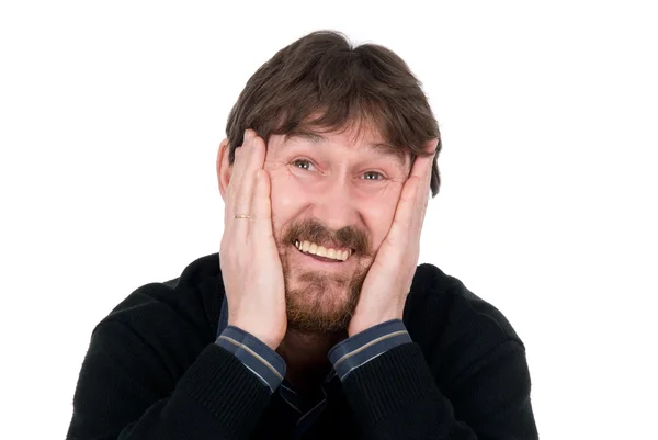 The joyful bearded man with hands on cheeks — Stock Photo, Image