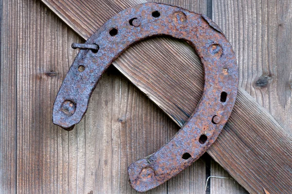 Ferro di cavallo arrugginito su una porta di legno — Foto Stock
