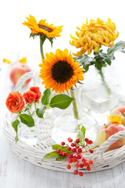 Sunflowers,rose,chrysanthemum and apples — Stock Photo, Image
