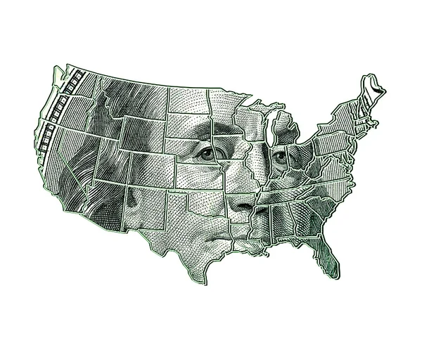 Yhdysvaltain kartta dollarilla taustalla — kuvapankkivalokuva