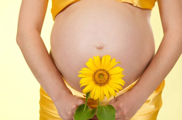 En gravid kvinna med blomma solros — Stockfoto