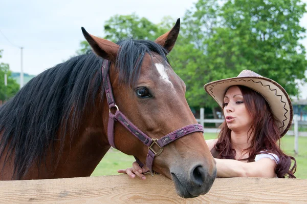 Beautiful brunette girl speaks with a horse — Stock Photo, Image