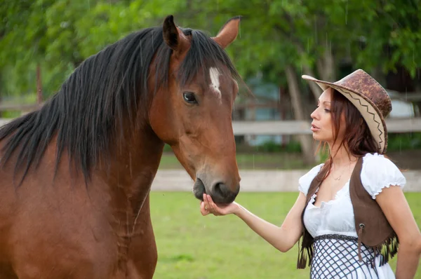 Krásná dívka krmení koně — Stock fotografie