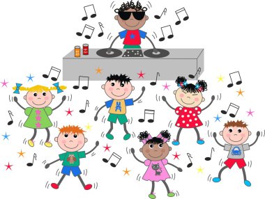 Mixed ethnic children dance discjockey clipart