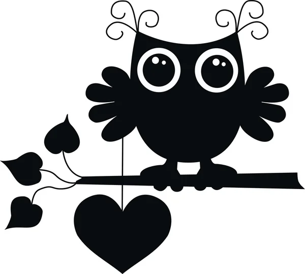 Hibou noir avec un grand cœur — Image vectorielle