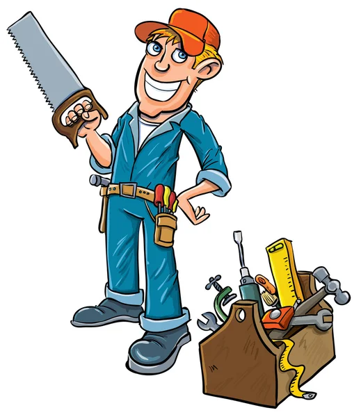 Cartoon handyman with toolbox. — Stock Vector
