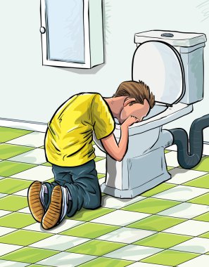 Cartoon teenager sick in toilet after drinking to much clipart