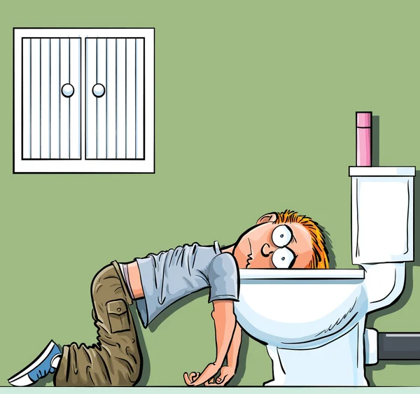 Desenhos animados adolescente menino doente no banheiro —  Vetores de Stock