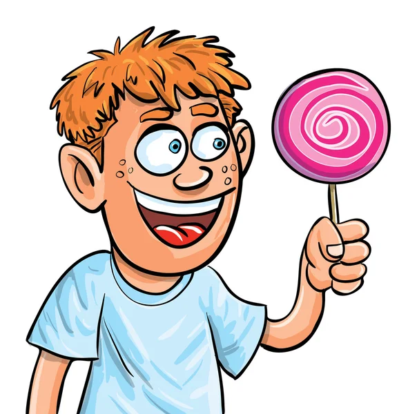 Γελοιογραφία αγόρι τρώει lollypop. απομονωμένη — Διανυσματικό Αρχείο