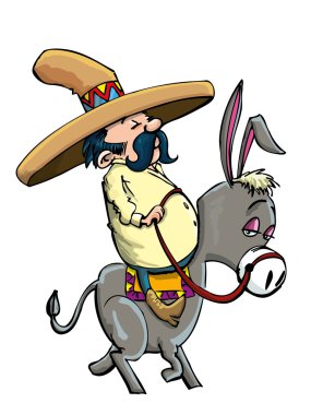 Cartoon Mexican wearing a sombrero riding a donkey clipart