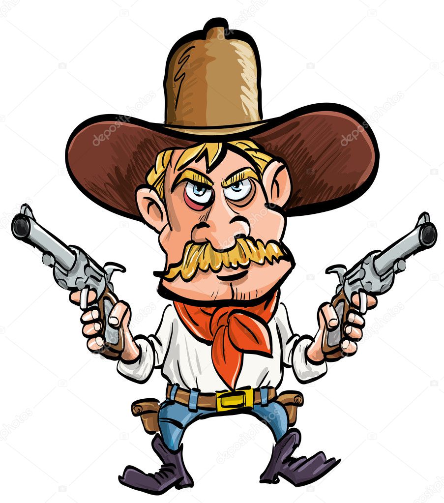 Cartoon cowboy with his guns drawn