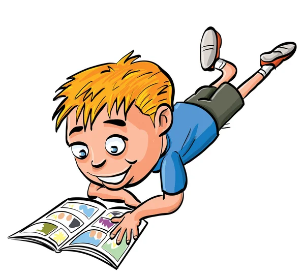 Menino dos desenhos animados lendo uma história em quadrinhos — Vetor de Stock