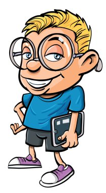 Cartoon nerd holding a tablet computer clipart