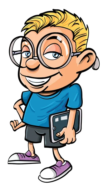 Fumetto nerd in possesso di un computer tablet — Vettoriale Stock