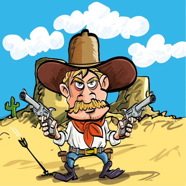 Cartoon cowboy disegnando le sue pistole — Vettoriale Stock