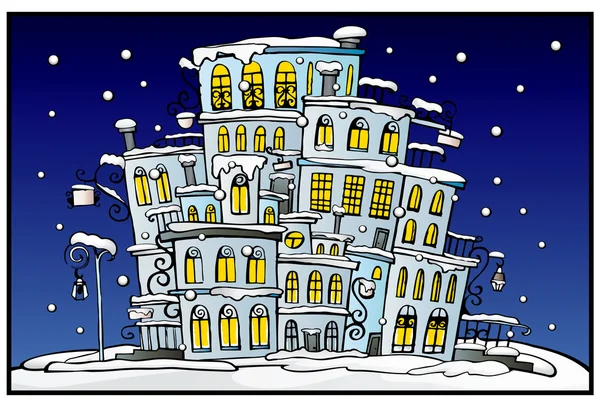 Мультфильм зимний ночной город — стоковый вектор