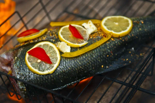 Fisch über offenem Feuer kochen — Stockfoto