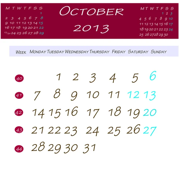 Kalendarz do października 2013 — Zdjęcie stockowe