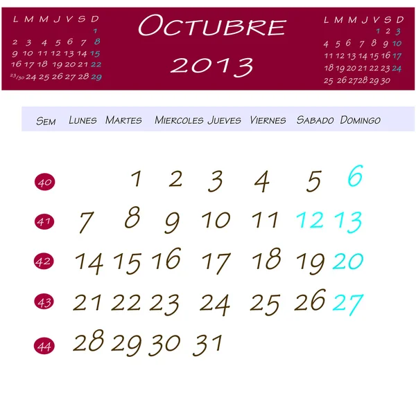 Calendario per ottobre 2013 — Foto Stock