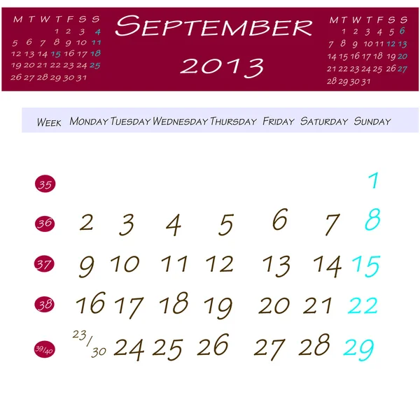 Calendario de septiembre de 2013 — Foto de Stock