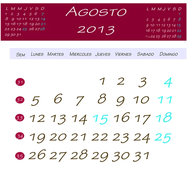 Calendario agosto 2013 — Foto de Stock