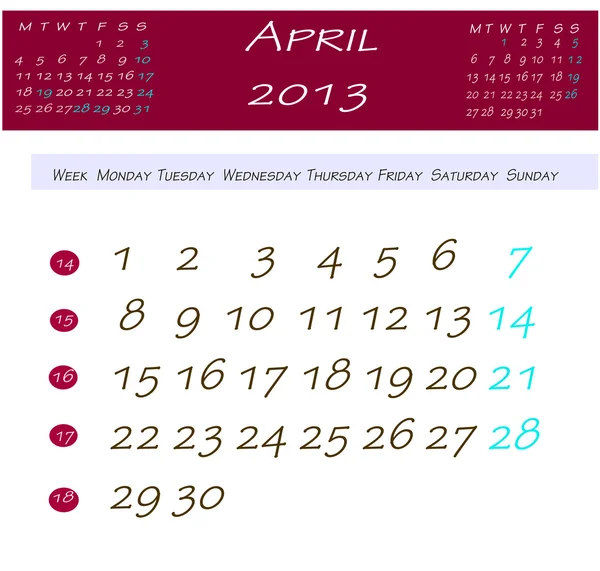 Calendar for april 2013 — Stock Photo, Image