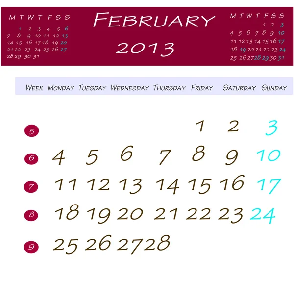 Calendario de febrero de 2013 — Foto de Stock