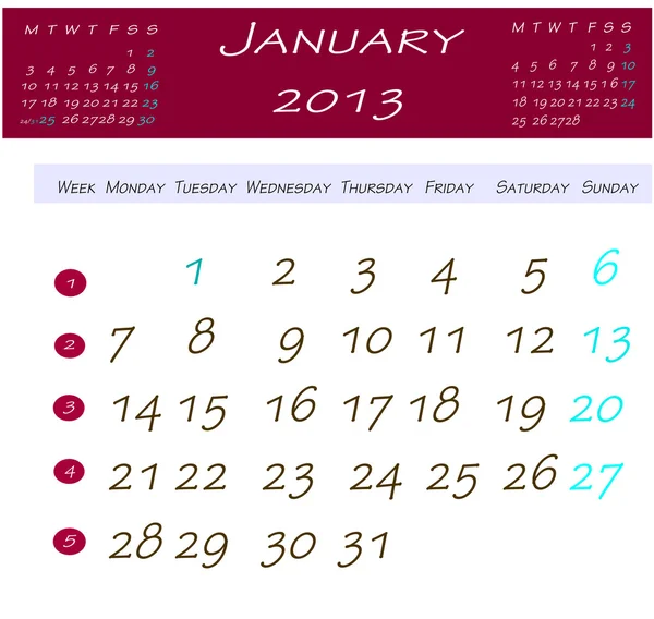 Kalender voor januari 2013 — Stockfoto
