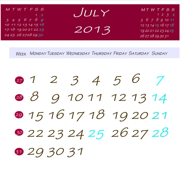 Kalender voor juli 2013 — Stockfoto