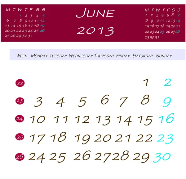 Calendario de junio de 2013 — Foto de Stock