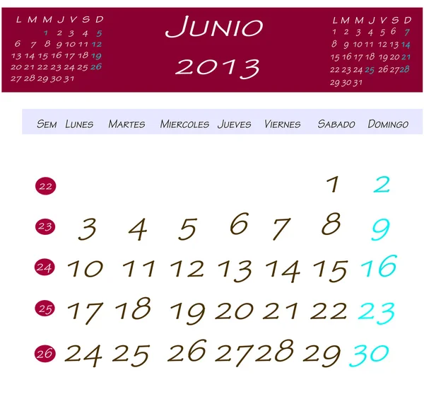 Kalender voor juni 2013 — Stockfoto