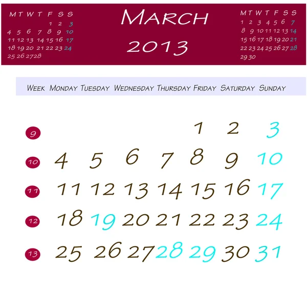Calendario per marzo 2013 — Foto Stock