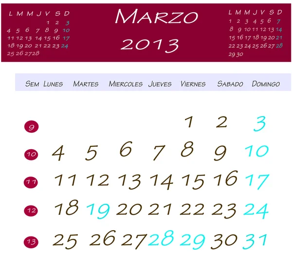 Kalendarz marzec 2013 — Zdjęcie stockowe