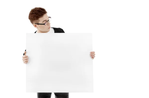 Mladý muž s prázdnou baner — Stock fotografie