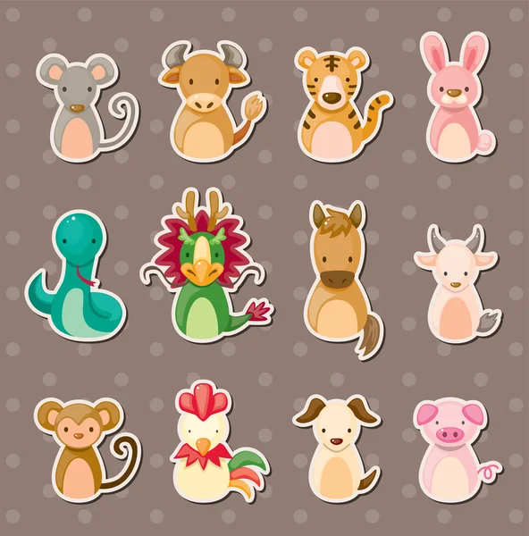 12 autocollants animaux du zodiaque chinois — Image vectorielle
