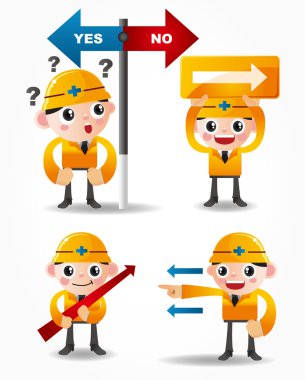 funny cartoon worker icon set with arrow board clipart