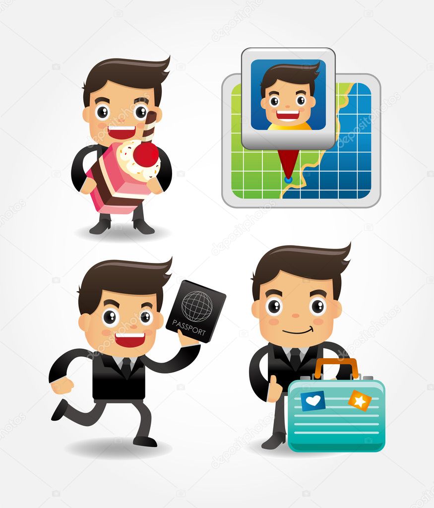 set of funny cartoon office worker go to travel