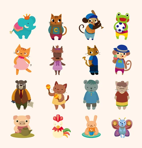 Conjunto de 16 ícones de animais bonitos — Vetor de Stock