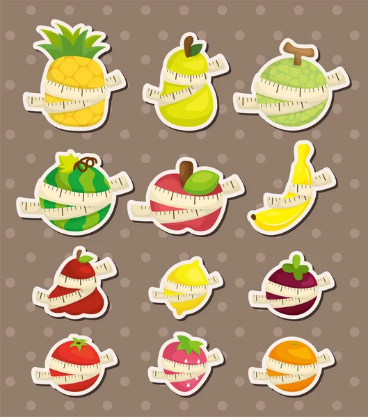Set van vers fruit en liniaal gezondheid stickers — Stockvector