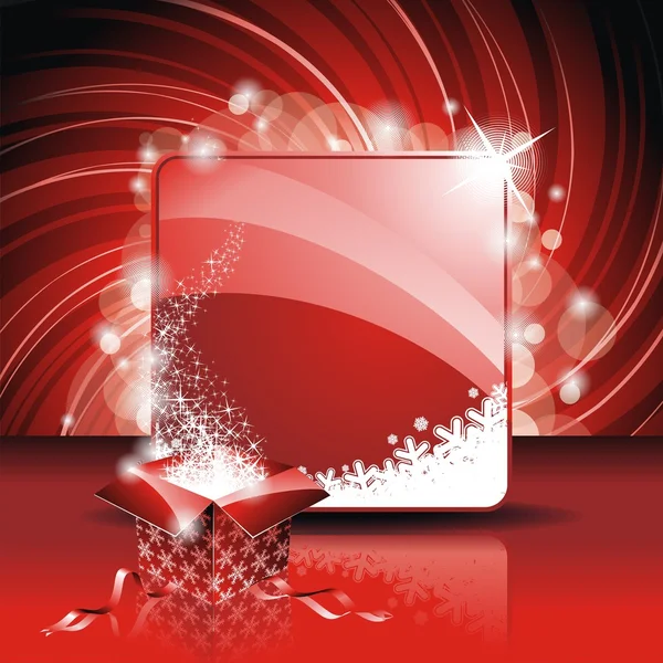 Ilustración de Navidad con caja de regalo mágica sobre fondo rojo — Vector de stock