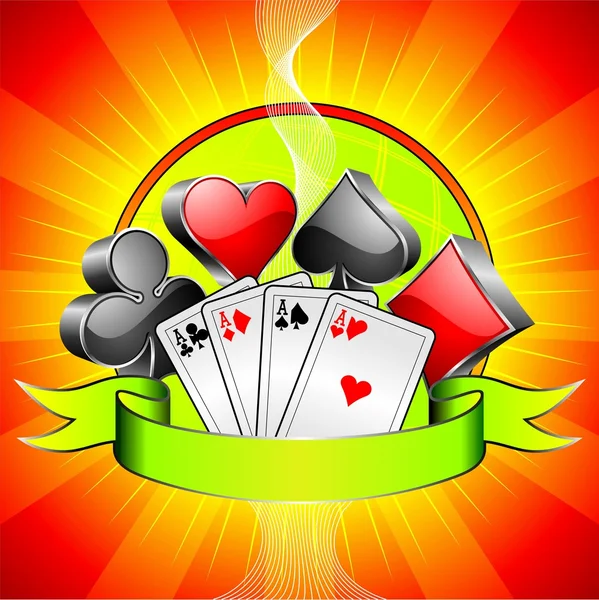 Ілюстрація азартних ігор з 3D символами казино, картками та стрічкою . — стоковий вектор