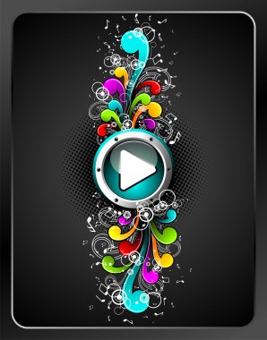 Vector shiny play button with colorfull grunge floral elements on a dark background. clipart