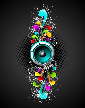 Vector speakers with colorfull grunge floral elements on a dark background. clipart